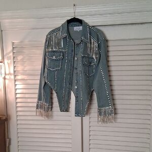 Kate Hewko Embellished Light Blue Denim Jacket with Silver Fringe